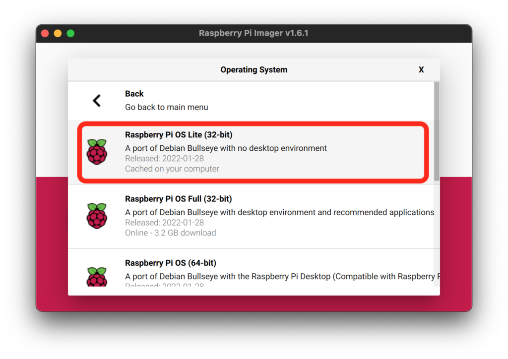 Select Raspberry Pi OS Lite